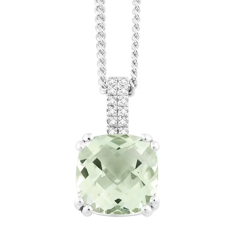 Sterling Silver, 2.98 ct Cushion Green Amethyst with .096 ct White Topaz Necklace