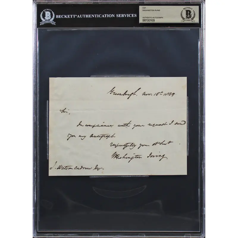 Washington Irving Nov. 10th 1839 Authentic Signed 5x7 Cut Signature BAS Slabbed