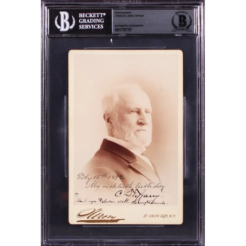 Charles Tiffany Authentic Signed 4.25x6.5 Sarony Cabinet Photo BAS Slabbed