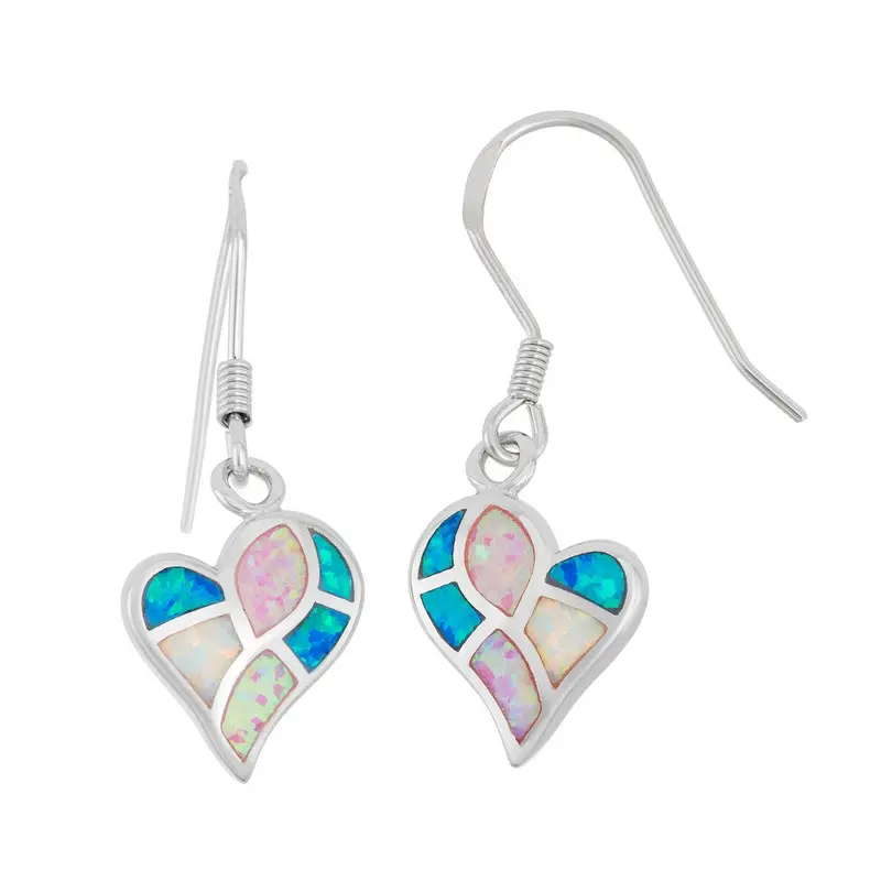Sterling Silver White, Pink, and Blue Inlay Opal Heart Earrings