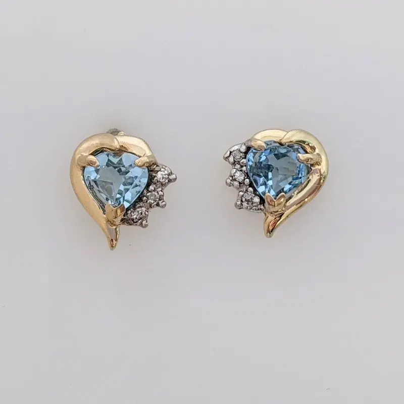 14K BLUE TOPAZ HEART 5MM WITH MELEE ESTATE EARRINGS 1.6 GRAMS