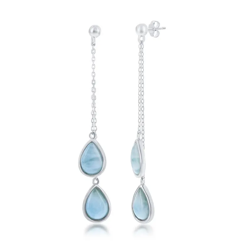 Sterling Silver, Double Pear-Shaped Larimar Dangling Chain Earrings