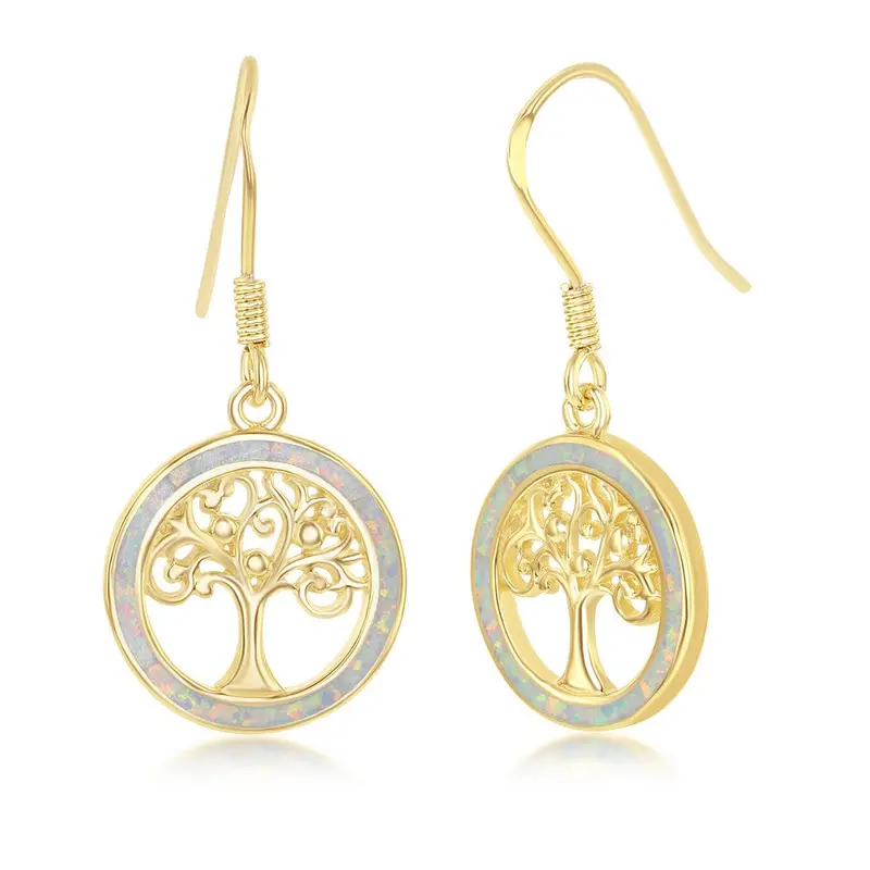 Sterling Silver Round White Inlay Opal with Center Tree of Life Earrings - Gold Plated