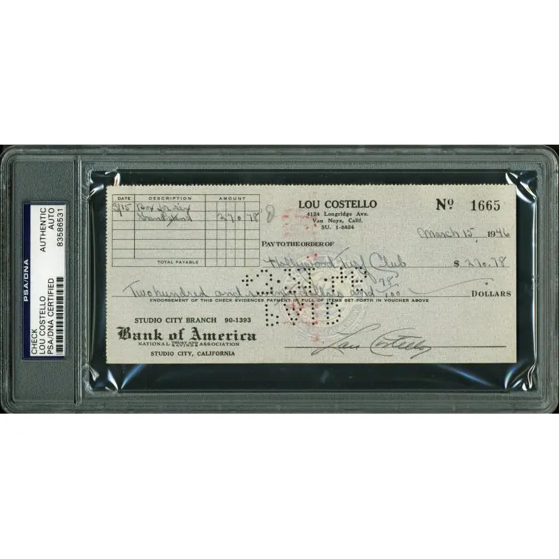 Lou Costello Signed 3X7 1946 Check To The Hollywood Turf Club PSA/DNA Slabbed