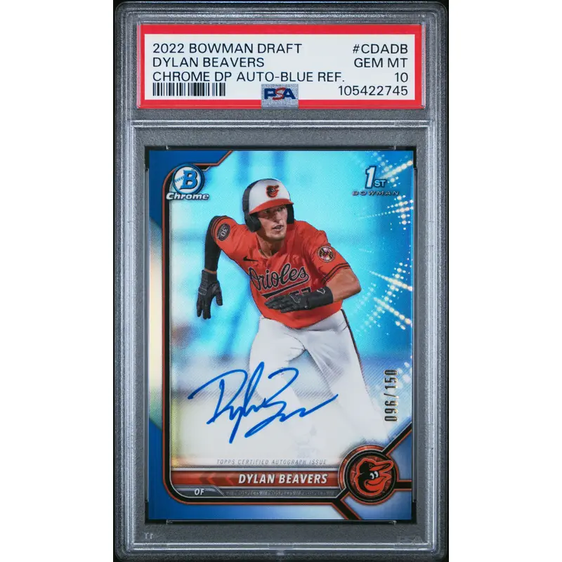 Dylan Beavers 2022 Bowman Draft Chrome Auto Blue Refractor #96/150 PSA 10 Gem Mint