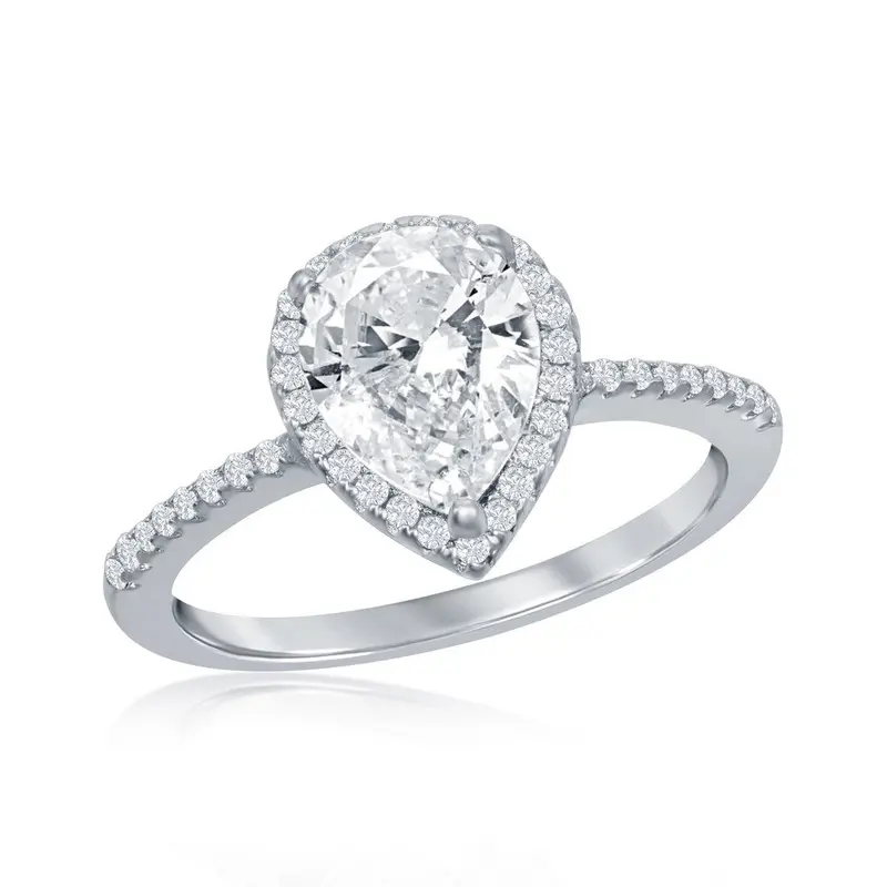 Sterling Silver, 11mm Pear-Shaped Halo Half Pave Band Engagement Ring