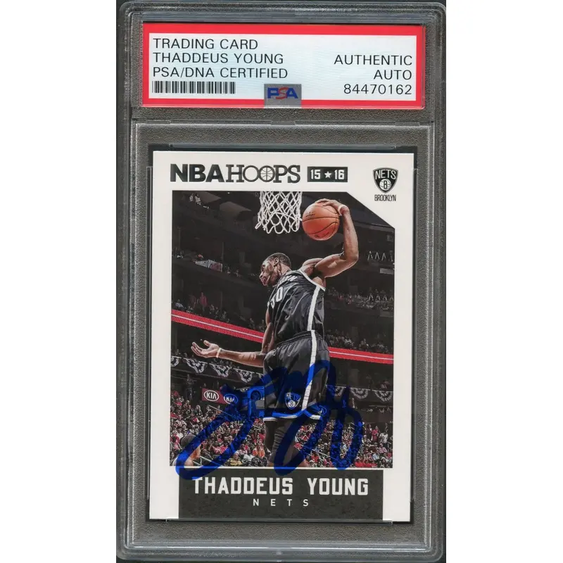 2015-16 NBA Hoops #50 Thaddeus Young Signed Card AUTO 10 PSA Slabbed Nets