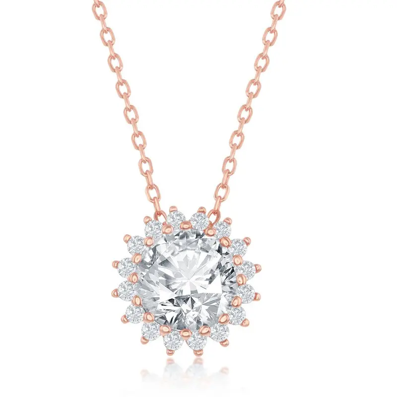 Sterling Silver Round Halo Flower CZ Necklace - Rose Gold Plated