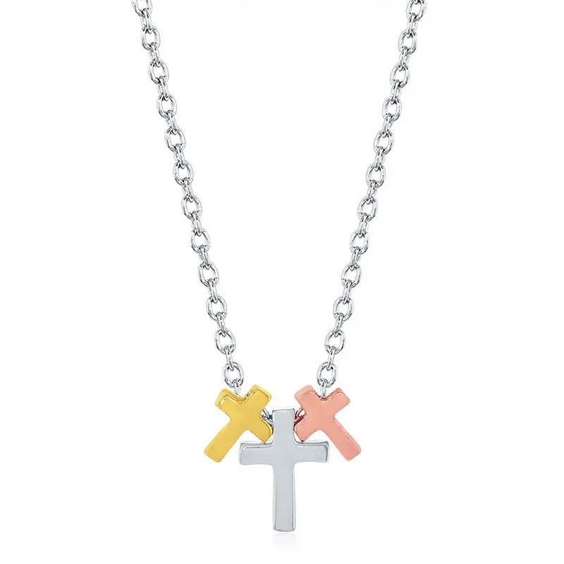 Sterling Silver GP, Rose GP, and Silver Triple Cross Necklace