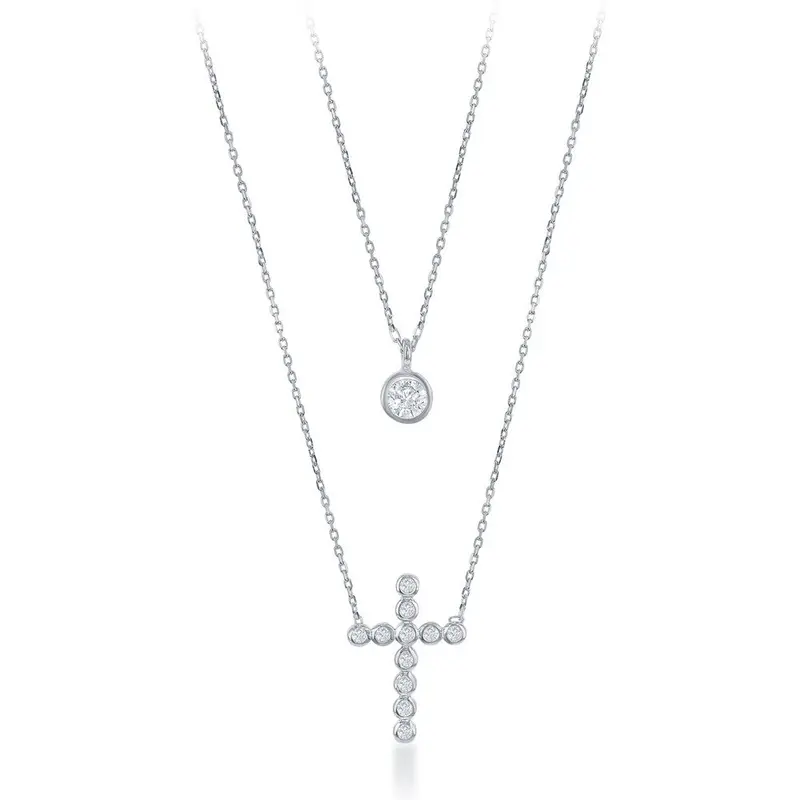 Sterling Silver, Small CZ and Beaded Cross Double Strand Necklace