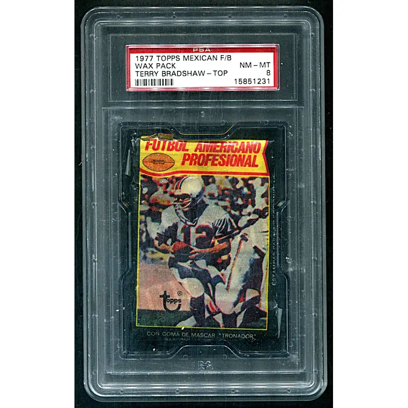 1977 Topps Football Unopened Wax Pack (Mexican) PSA 8 *1231 (2 Card) (Bradshaw Top) (Read)