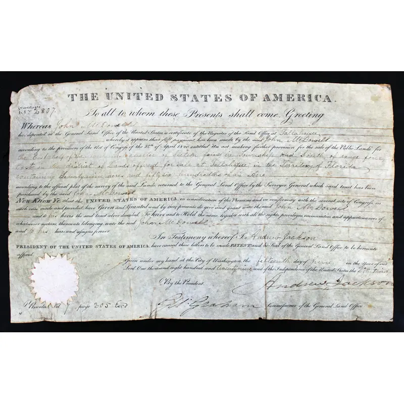 Andrew Jackson Authentic Signed 9.25x15 1829 Land Grant Document BAS #AA03011