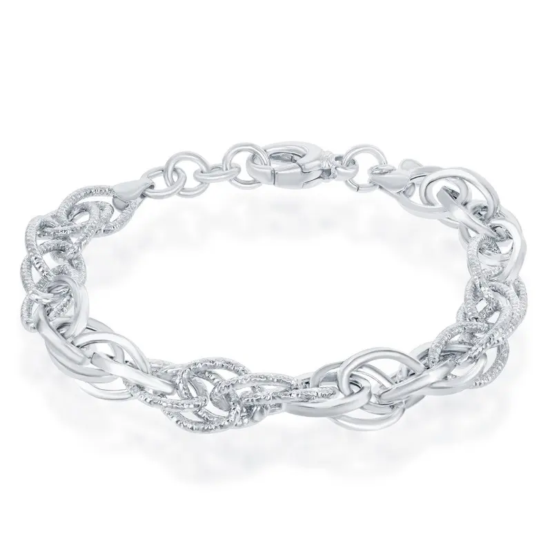 Sterling Silver Alternating Polished & Diamond-Cut Oval Linked Bracelet, MADE IN ITALY