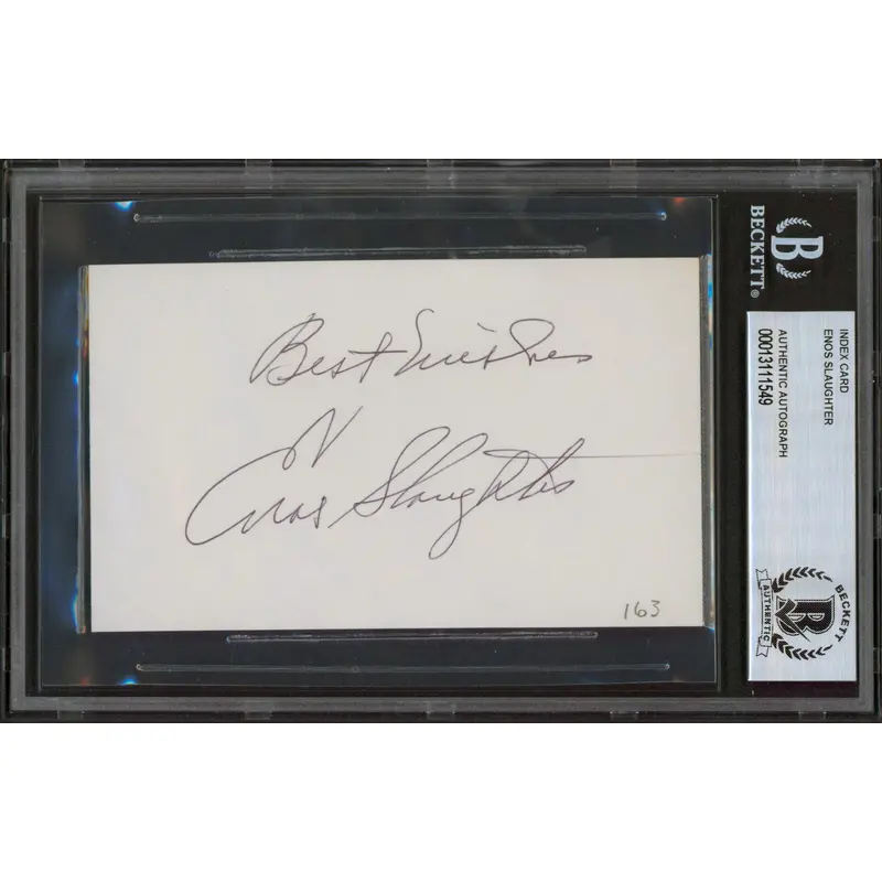 Cardinals Enos Slaughter Best Wishes Authentic Signed 3x5 Index Card BAS Slabbed