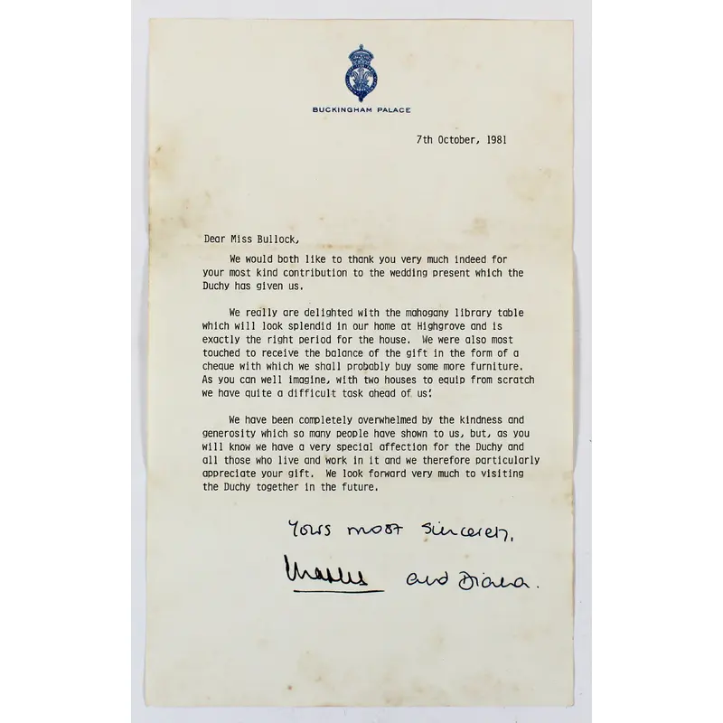 King Charles III & Princess Diana Signed 8x13 1981 Buckingham Palace Letter BAS
