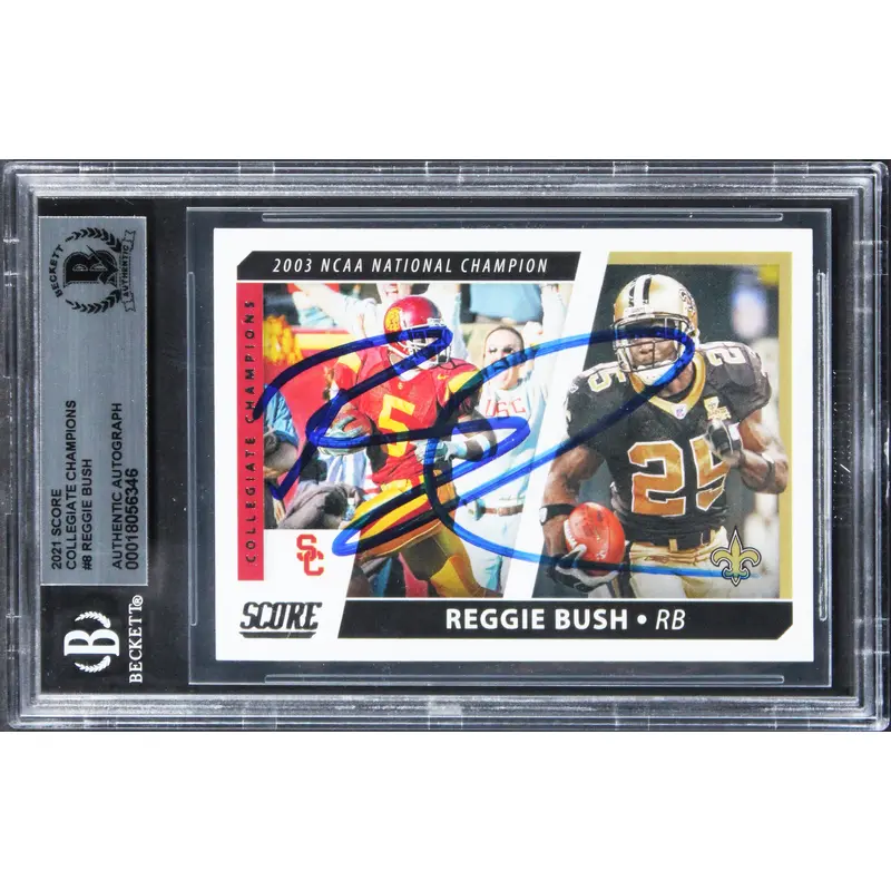 Saints Reggie Bush Signed 2021 Score Collegiate Champions #8 Card BAS Slabbed 2