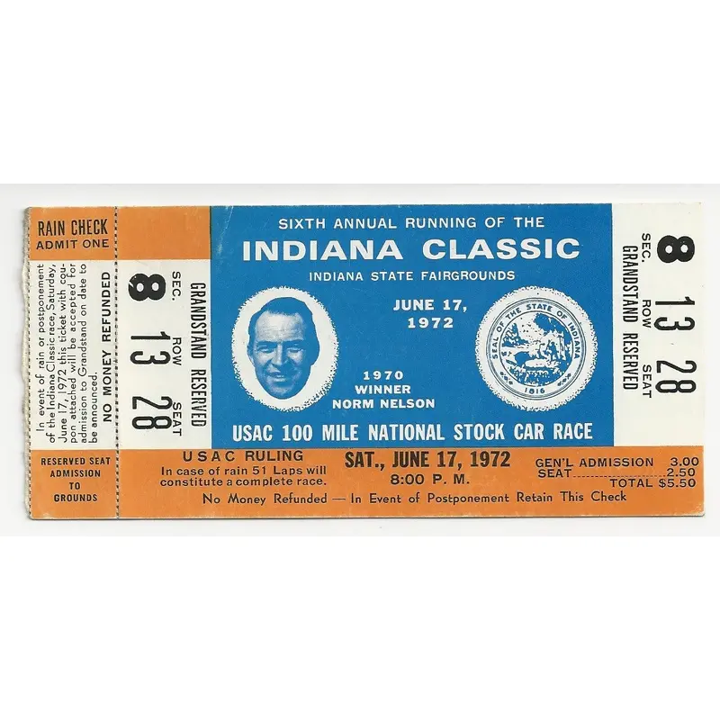 1972 Indiana Classic USAC 100 Mile Stock Car Race Ticket Stub