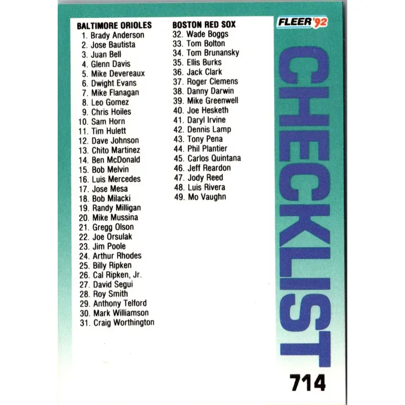 1992 Fleer Checklist: Orioles/Red Sox/Angels/White Sox #714
