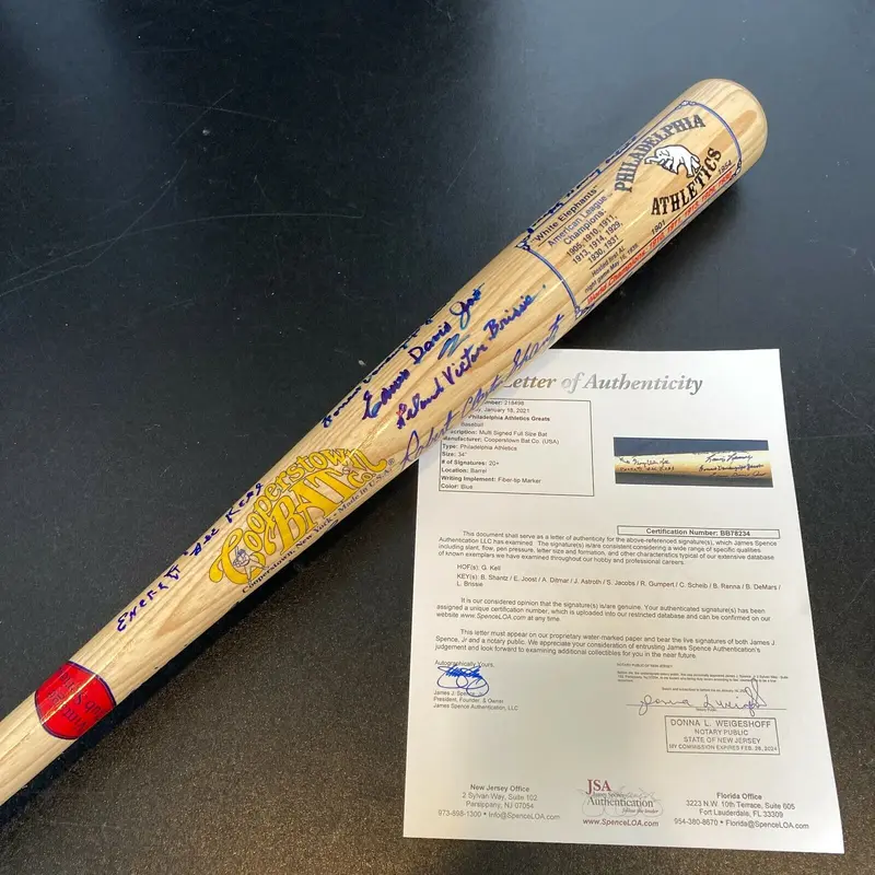 Rare Philadelphia Athletics Legends Full Name Signed Inscribed Bat With JSA COA