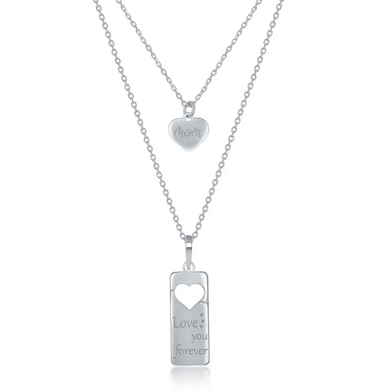 Sterling Silver 2PC Tag Heart Necklace Set - 16+2"  'Love You Forever' Tag & 14+2" 'Mom" Heart