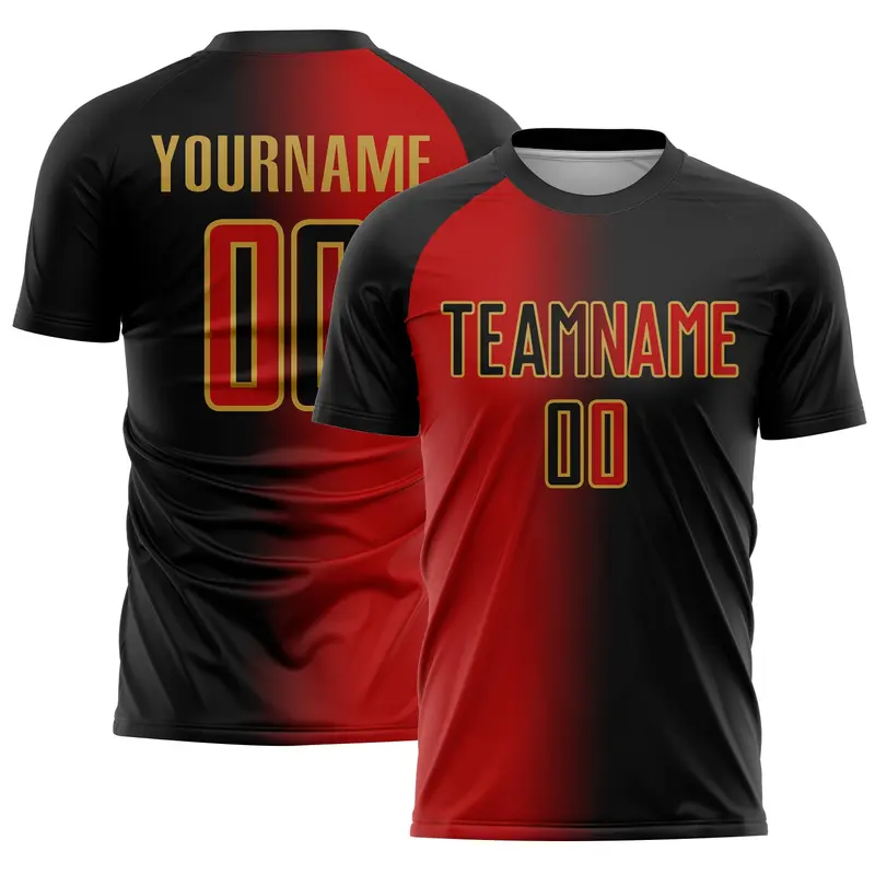 Custom Black Red-Old Gold Sublimation Gradient Fashion Soccer Uniform Jersey