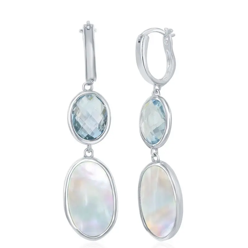 Sterling Silver Oval Blue Topaz and Mother of Pearl Earrings