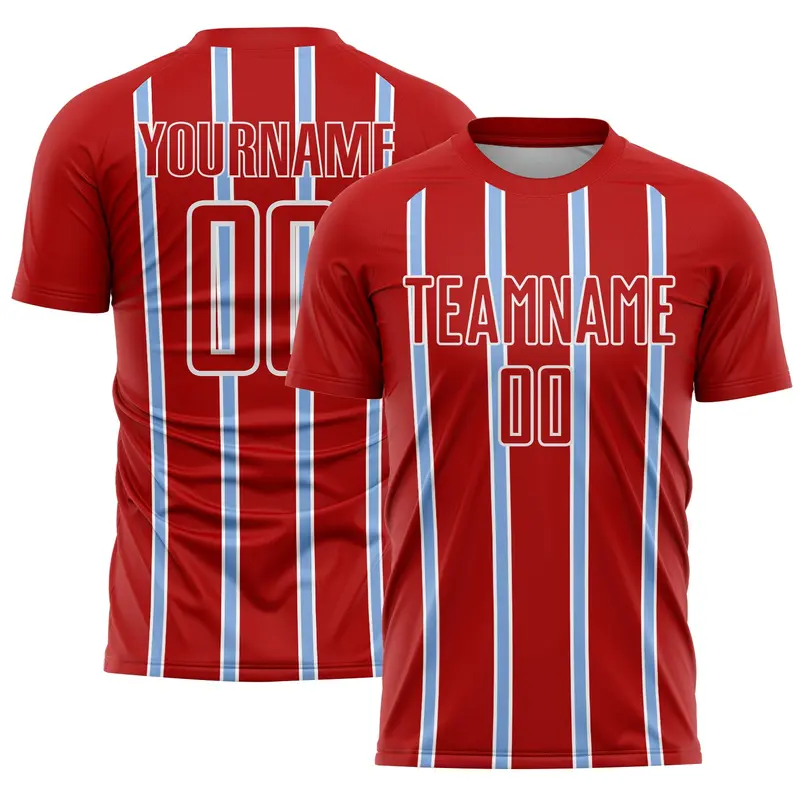 Custom Red Light Blue-White Stripe Line Sublimation Soccer Uniform Jersey