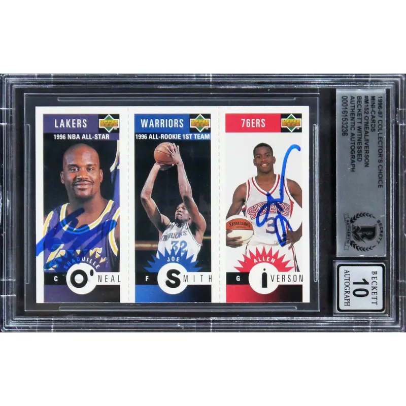 Shaquille O'Neal & Allen Iverson Signed 1996 CC #M152 Card Auto 10! BAS Slab