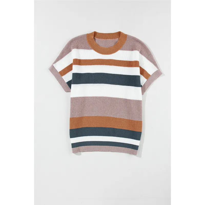 Camel Striped Knit Crew Neck T Shirt Sweater