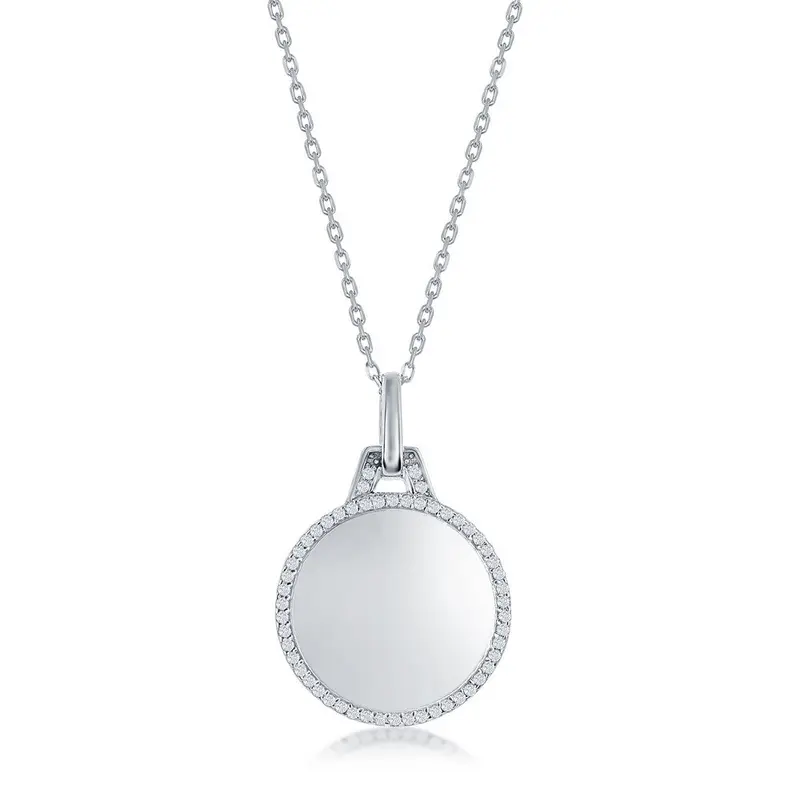 Sterling Silver, Polished Circle w/CZ Border Necklace