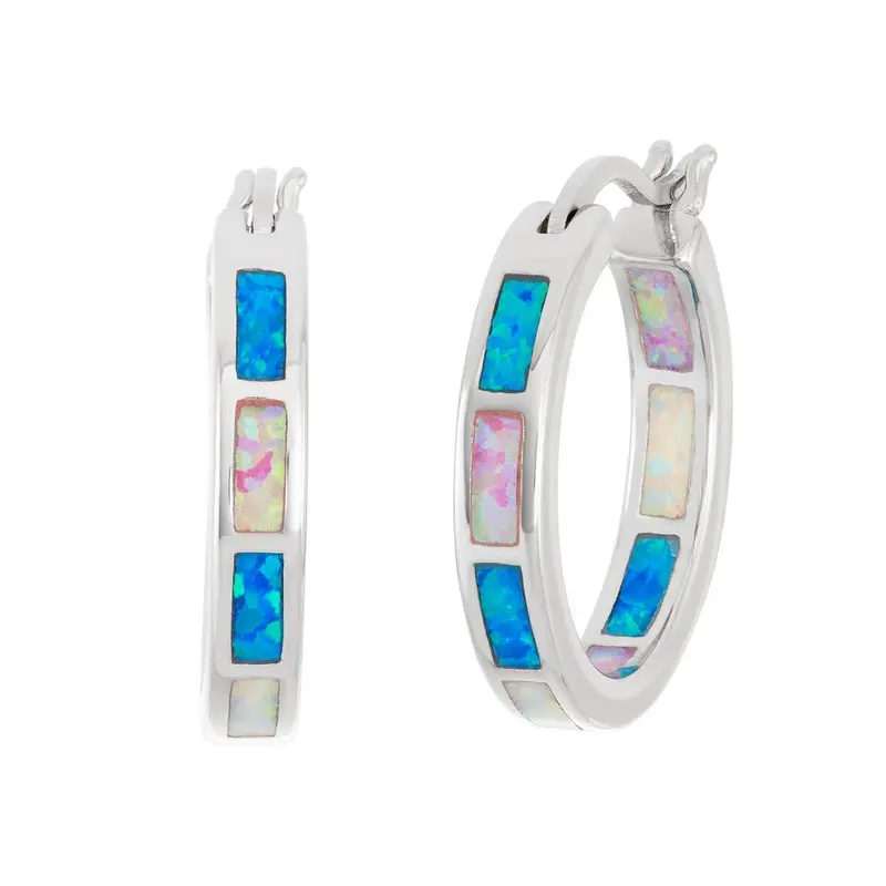 Sterling Silver, Opal Hoop Earrings - White, Pink, Blue
