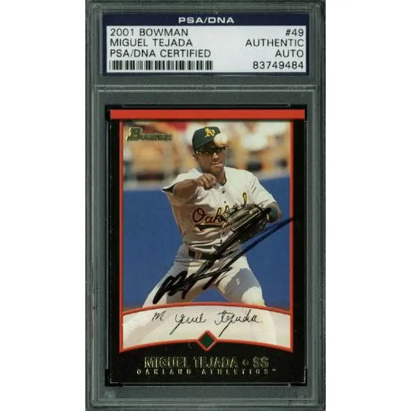 Athletics Miguel Tejada Authentic Signed Card 2001 Bowman #49 PSA/DNA Slabbed