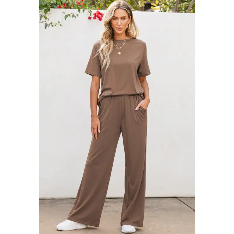 Smoke Gray Solid Color T Shirt 2pcs Wide Leg Pants Set