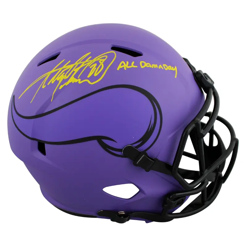 Vikings Adrian Peterson "All Damn Day" Signed Rave F/S Speed Rep Helmet BAS Wit