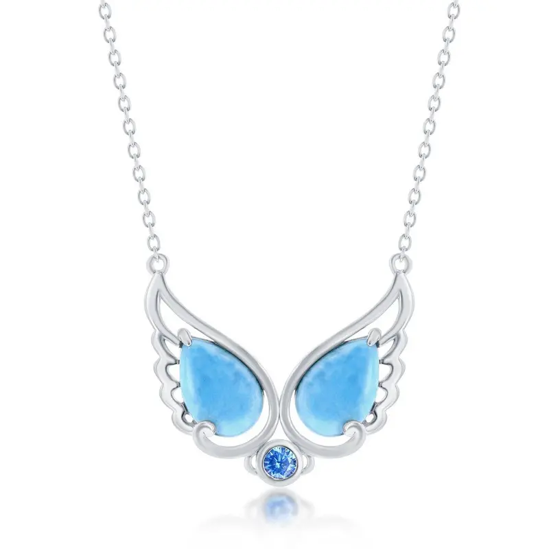 Sterling Silver, Double Larimar Angel Wings w/Round Aqua CZ Necklace