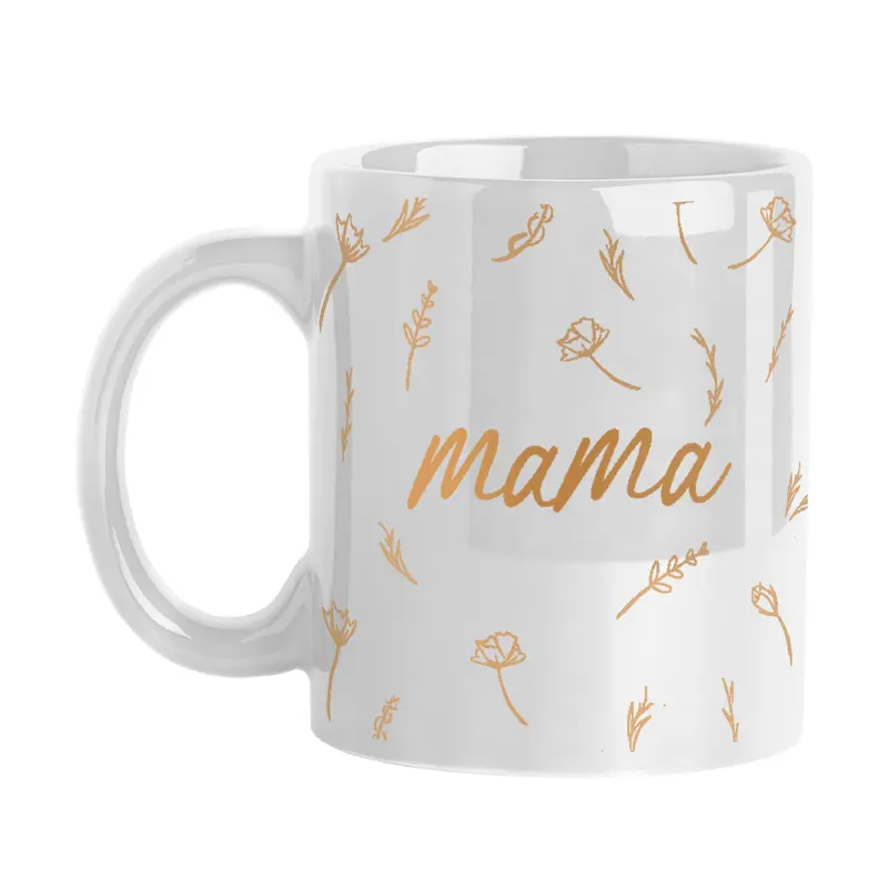 Mothers Day 11oz Mama with Repeating Flowers White Sublimated Mug