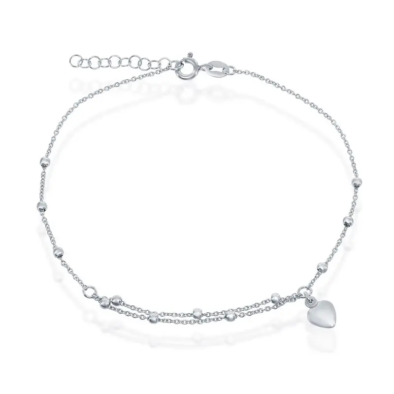 Sterling Silver, Beads with Heart Charm Anklet