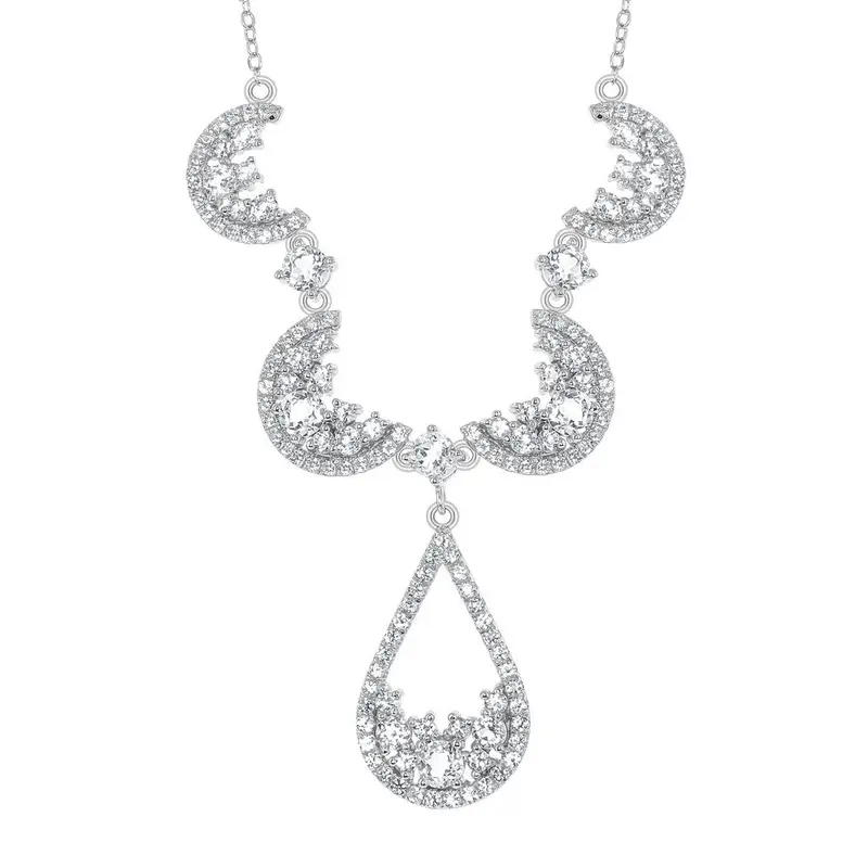 Sterling Silver Crescent Shape w/ 5.55cttw White Topaz & Center Open Teardrop Necklack
