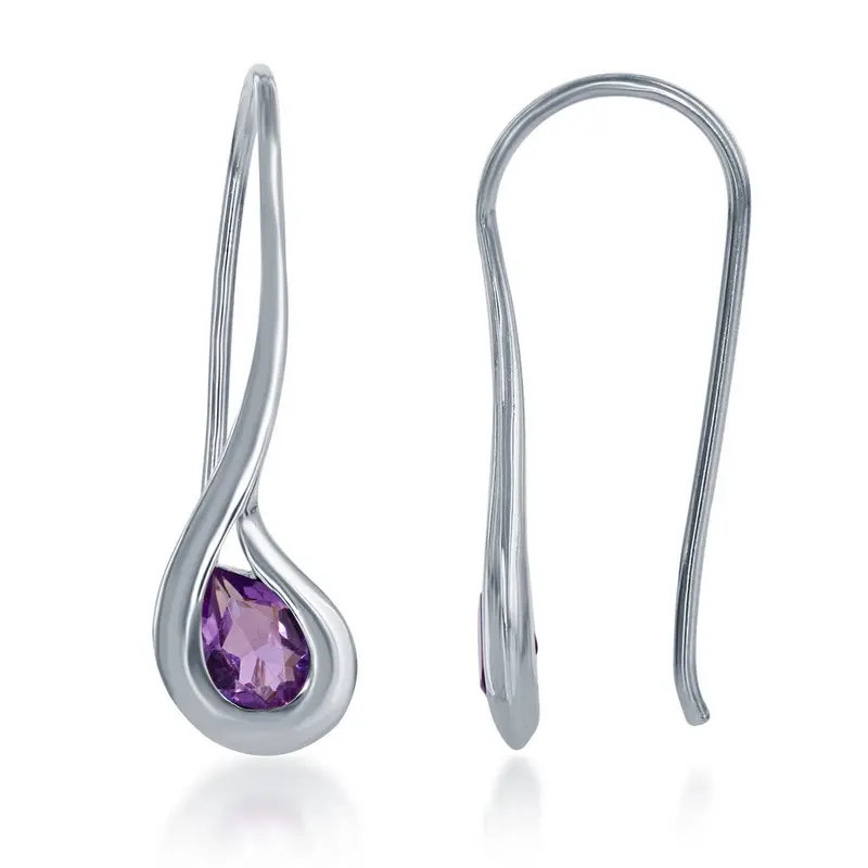 Sterling Silver Long Teardrop Gem Earrings - Amethyst