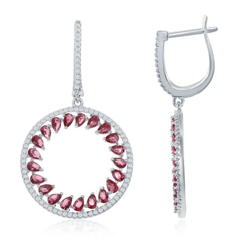 Sterling Silver Round Open Marquise Created Pink Sapphire and White CZ Earrings