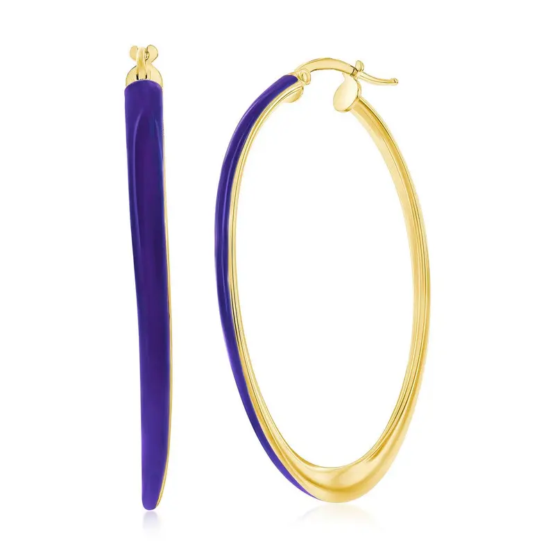 Sterling Silver, Meadow Violet Enamel Oval Hoop Earrings - Gold Plated