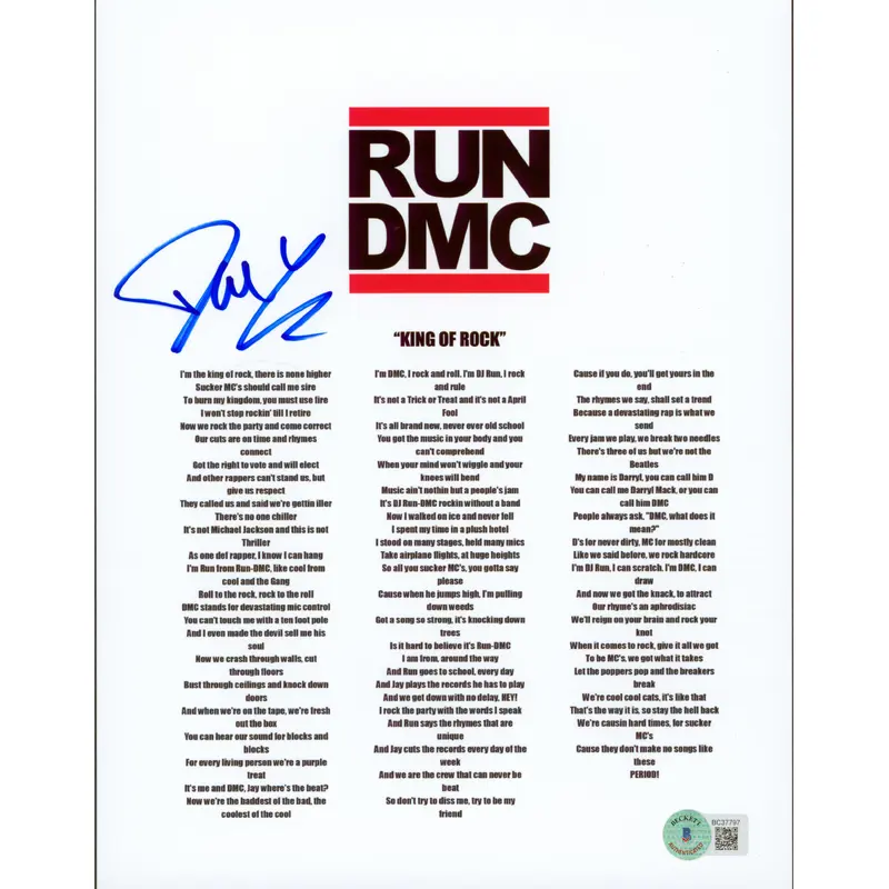 Run DMC Authentic Signed 8.5x11 King of Rock Music Sheet Photo BAS #BC37797