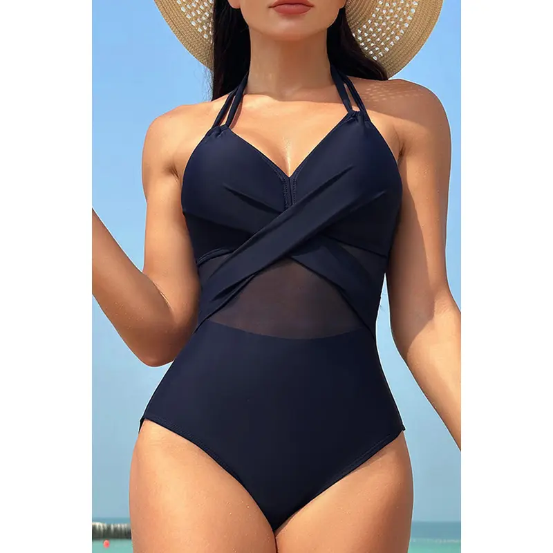 Navy Blue Halter Mesh Insert Cross Front One-Piece Swimsuit