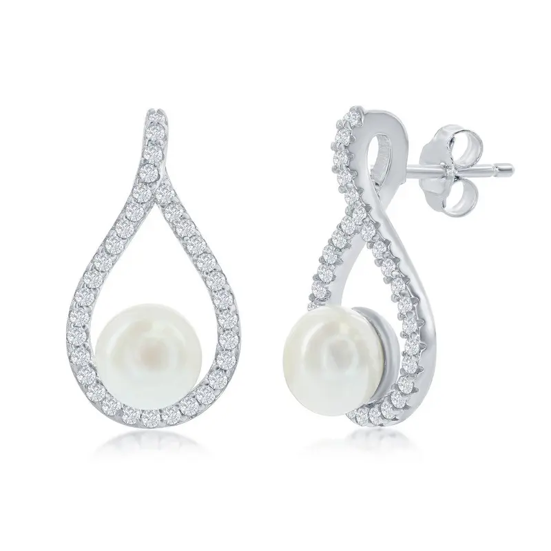Sterling Silver Pearshaped CZ with Round Pearl Earrings