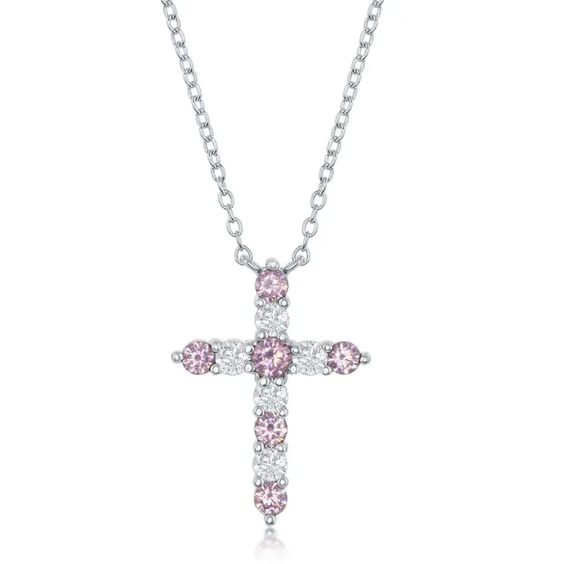 Sterling Silver Pink CZ 'October Birthstone' Cross Necklace