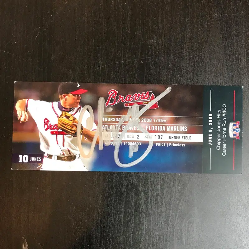 Chipper Jones Signed 400th Home Run 2008 Atlanta Braves Commemorative Ticket JSA