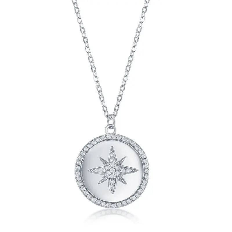 Sterling Silver Micro Pave CZ Disc Necklace - North Star