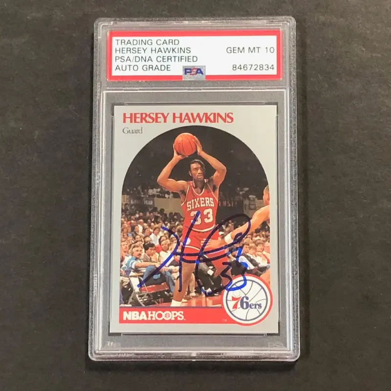 1990-91 NBA Hoops #229 Hersey Hawkins Signed Card AUTO 10 PSA Slabbed 76ers