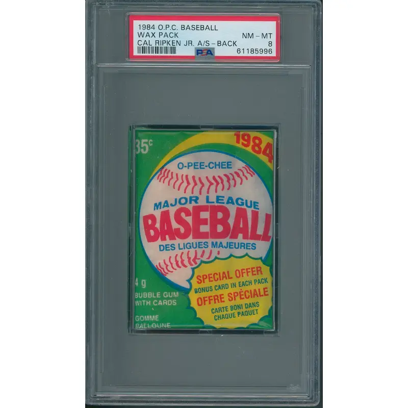 1984 OPC Baseball Unopened Wax Pack Ripken Jr. Back PSA 8