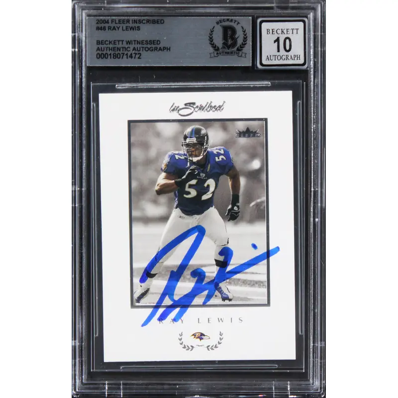 Ravens Ray Lewis Signed 2004 Fleer Inscribed #46 Card Auto Grade 10! BAS Slabbed